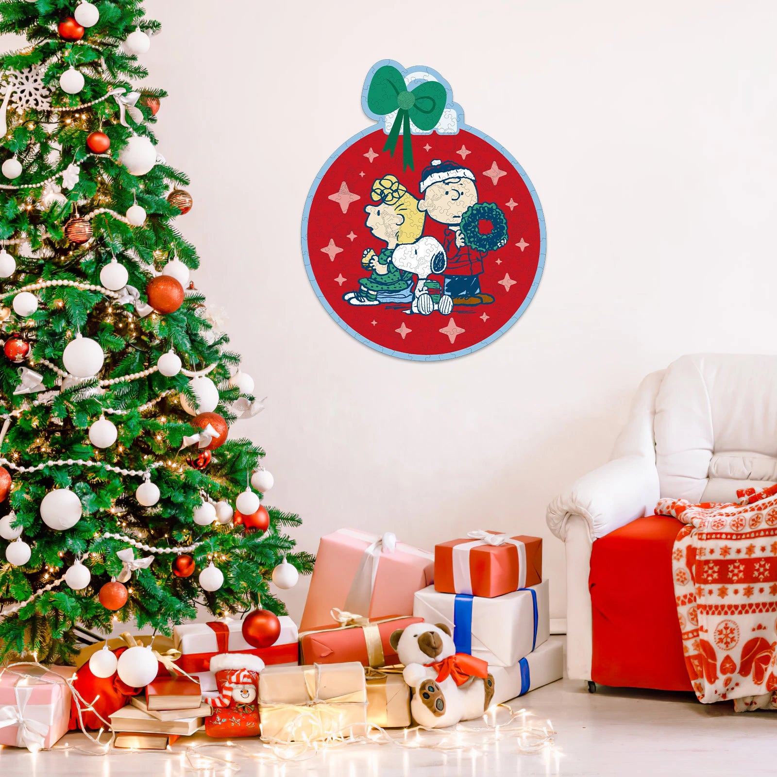 A round red Christmas ornament wall